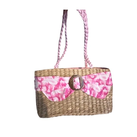Woven Straw Handbag With Pink Floral Fabric & Braided Handles - Picture 9 of 9